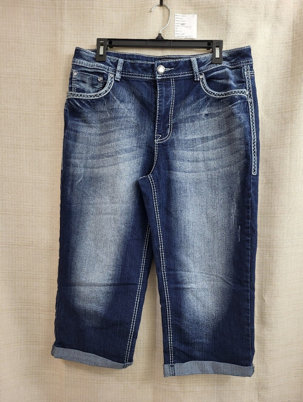Cato Women's Blue Jeans Crop Cuff Thick Stitch Pocket Flaps Embroidered Size 14